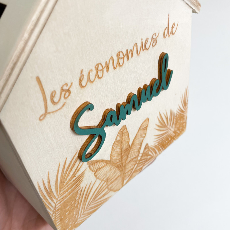 tirelire maison Marlene création bois prénom personnalisé couleur cadeau naissance original jungle exotique