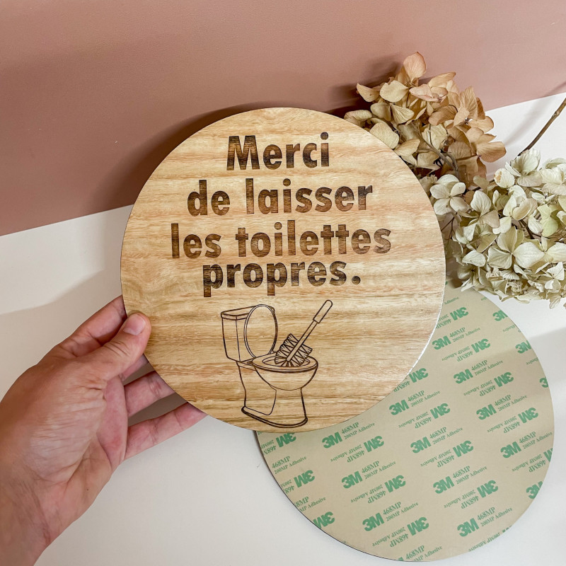 Panneau toilettes bois – Merci de laisser propres