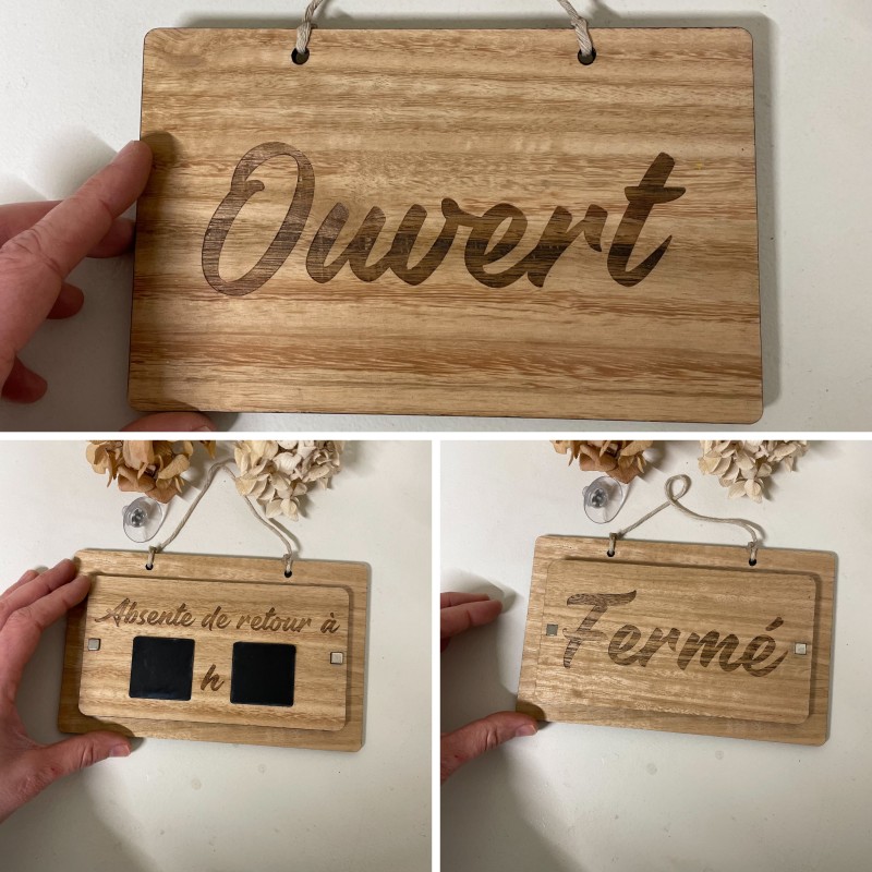 Panneau ouvert / fermé signalétique 3-en-1 en bois – personnalisable et malin