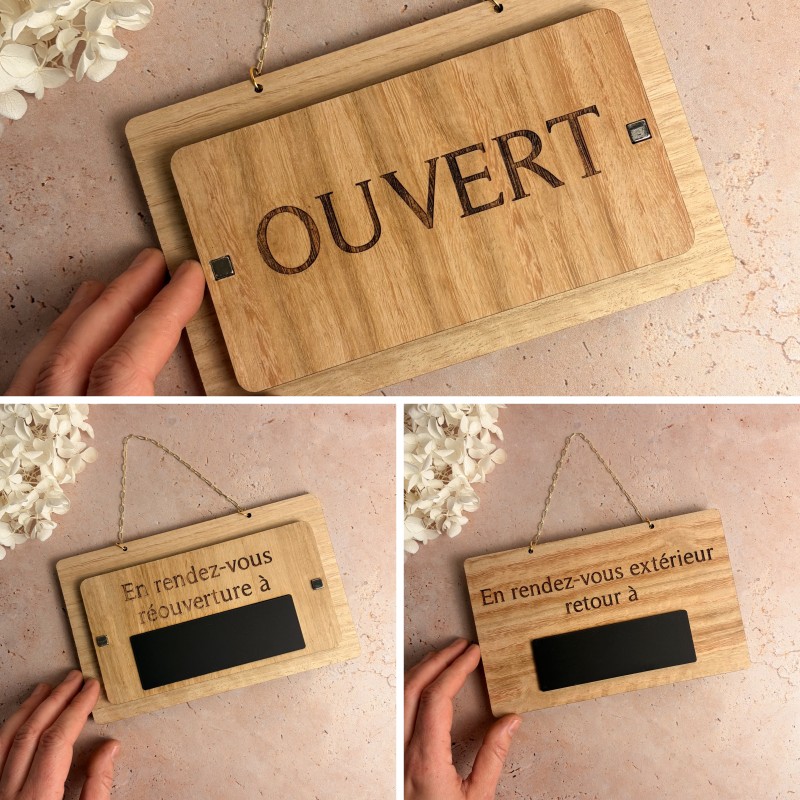 Panneau ouvert / fermé signalétique 3-en-1 en bois – personnalisable et malin